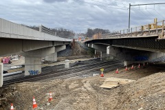 January 2024 - New NB (left) and under-construction SB (right) U.S. 1 bridges over the Business U.S. 1 interchange and rail lines.